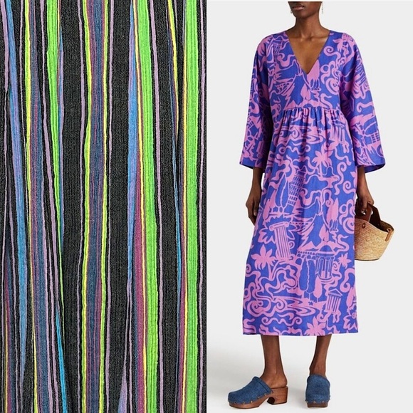 MARA HOFFMAN Colorful Stripe Crinkled Hemp V-Neck Oversized Kaftan Maxi Dress S - Picture 5 of 7